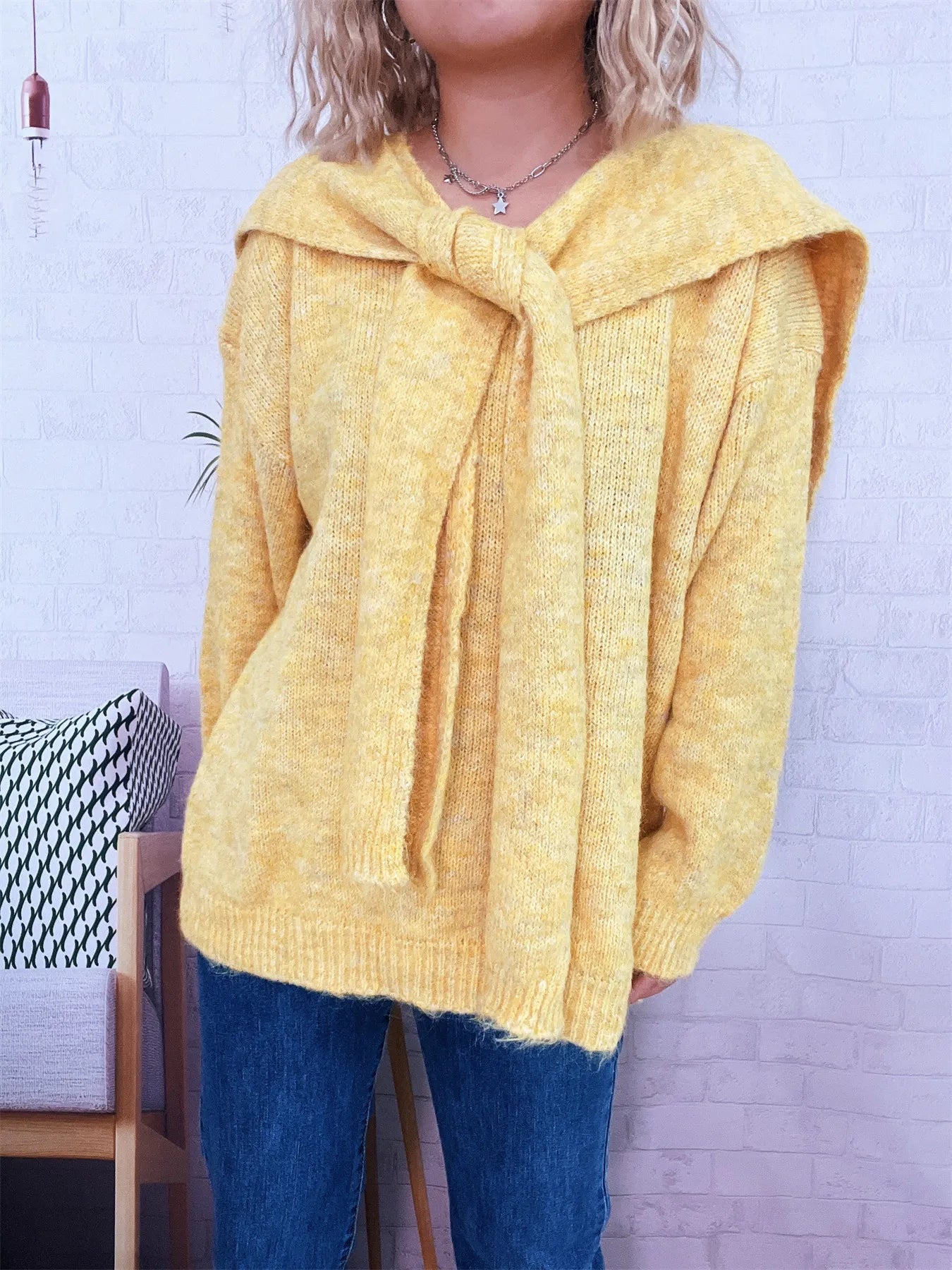 Ribbed Hem V-Neck Sweater with Shawl - Tigbul's Variety Fashion Shop
