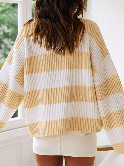 Full Size Contrast Striped Round Neck Sweater Plus Size - Tigbul's Variety Fashion Shop