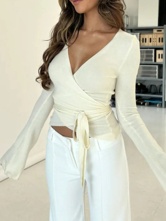 Surplice Long Sleeve Ruched Top - Tigbul's Variety Fashion Shop