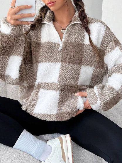 Full Size Plaid Sherpa Long Sleeve Sweatshirt Plus Size - Tigbul's Variety Fashion Shop