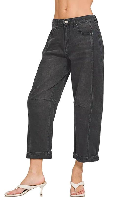 Black High Rise Barrel-Leg Cropped Jeans - Tigbul's Variety Fashion Shop