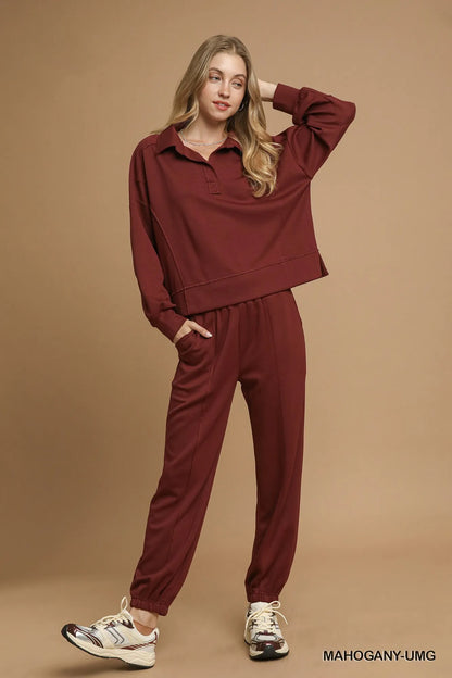 Umgee Exposed Seam Long Sleeve Polo Top with Side Slit - Tigbul's Variety Fashion Shop