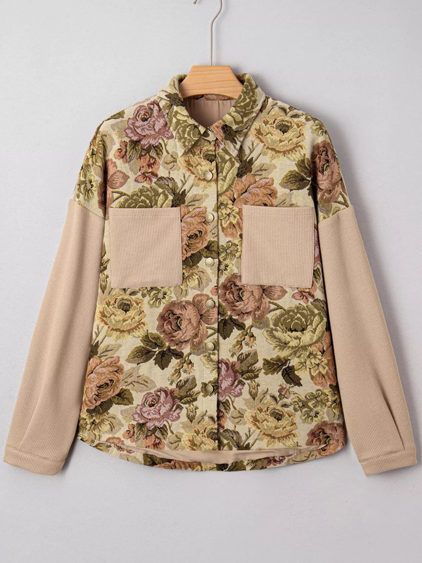 Floral Waffle Knit Patchwork Chest Pockets Buttoned Jacket - Tigbul's Variety Fashion Shop