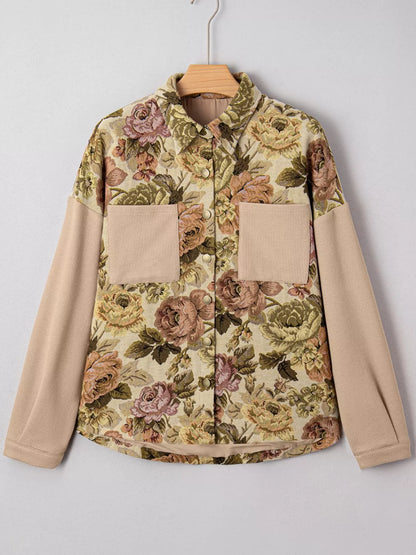 Floral Waffle Knit Patchwork Chest Pockets Buttoned Jacket - Tigbul's Variety Fashion Shop