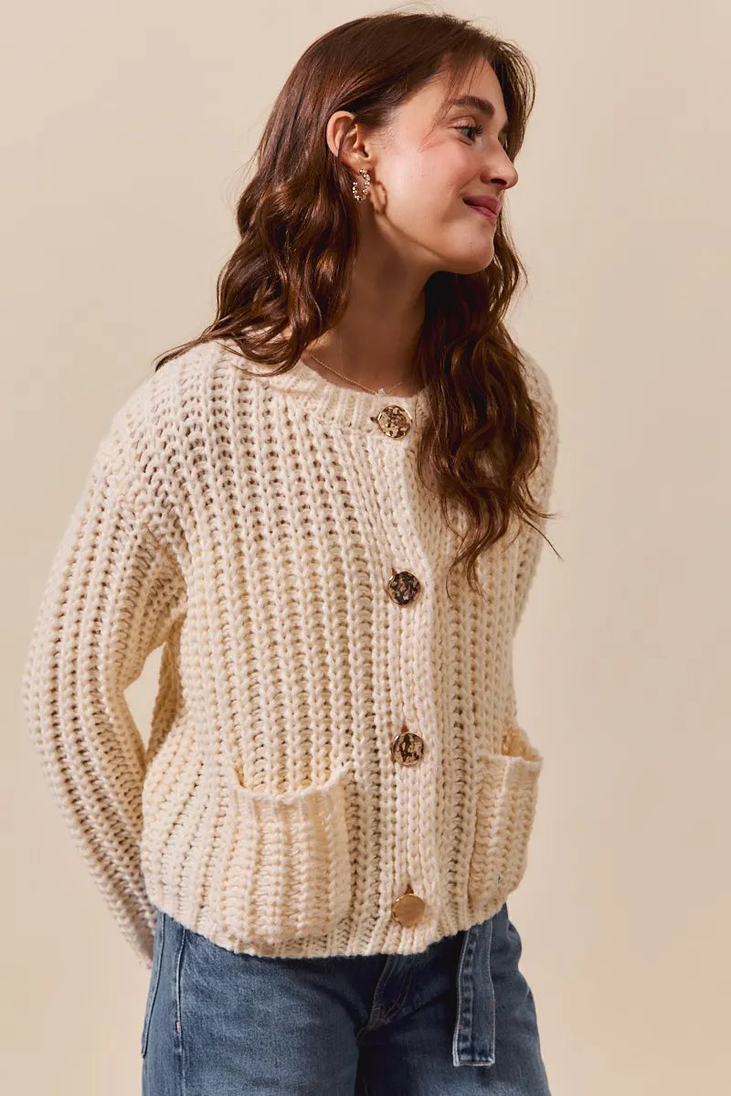 SO ME Metal Button Long Sleeve Chunky Sweater Cardigan - Tigbul's Variety Fashion Shop