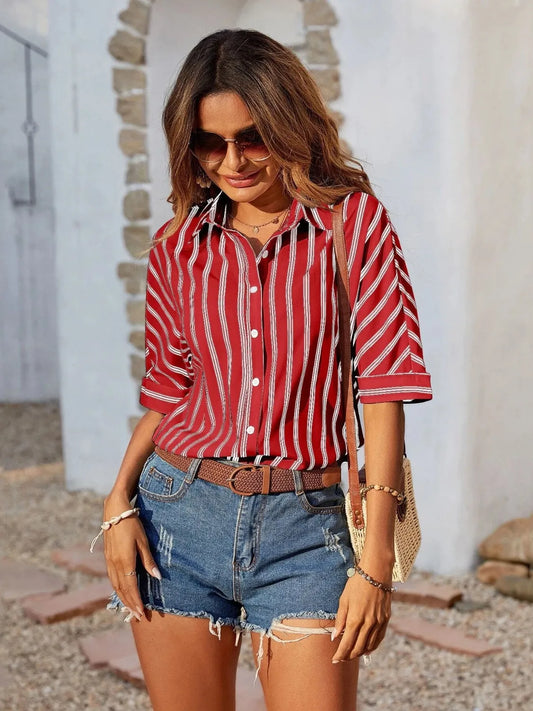 Striped Collared Neck Half Sleeve Shirt - Tigbul's Variety Fashion Shop