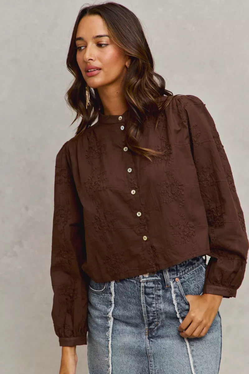 Dark brown 3D floral woven button shirt, front button rows and structured yoke