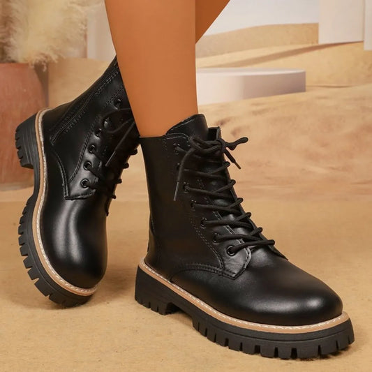 Lace Up Leather Combat Boots with Chunky Sole - Tigbul's Variety Fashion Shop
