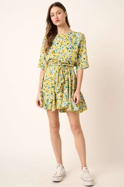 Yellow Combo Floral Tie Waist Half Sleeve Mini Dress - Tigbul's Variety Fashion Shop