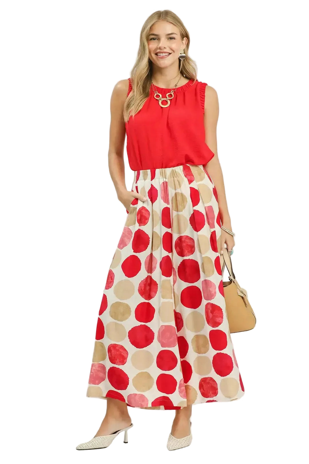 Women's Red Dot Print Wide Leg Pants | Tigbul Variety Fashion