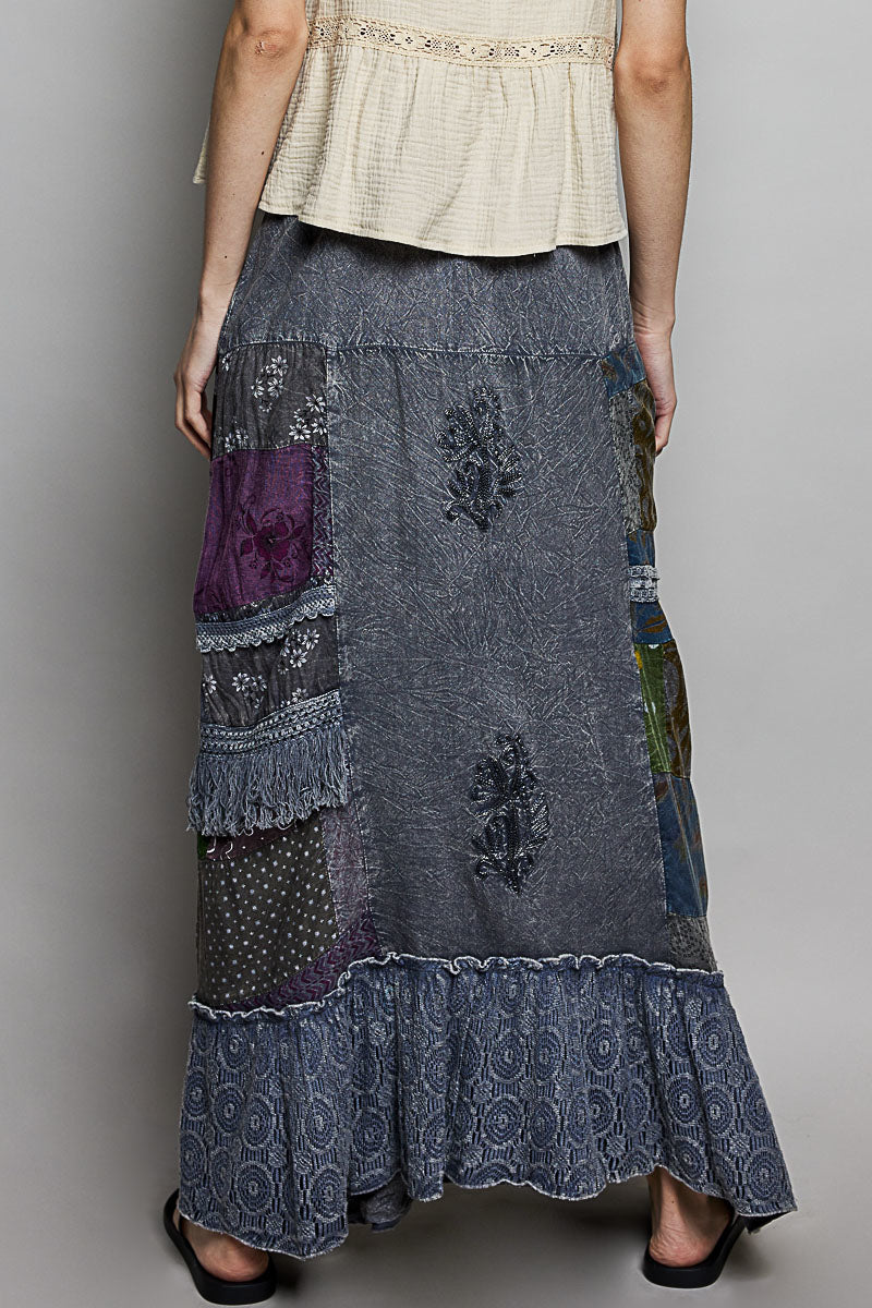 Charcoal Multi patchwork skirt with embroidered front panels and ruffled bottom