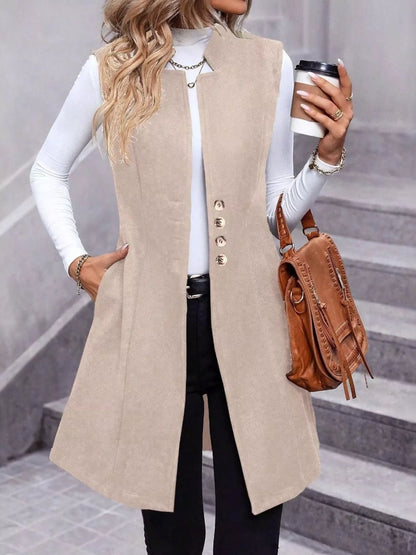 Button Up Sleeveless Longline Vest Coat - Tigbul's Variety Fashion Shop
