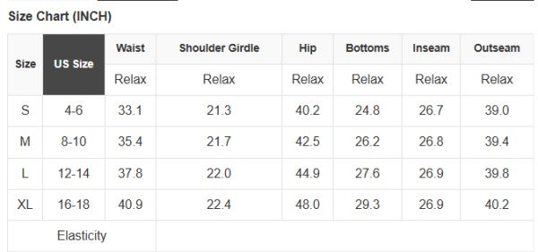 JUNIPER BLVD size chart showing waist, hip, bottoms, inseam, and outseam by size