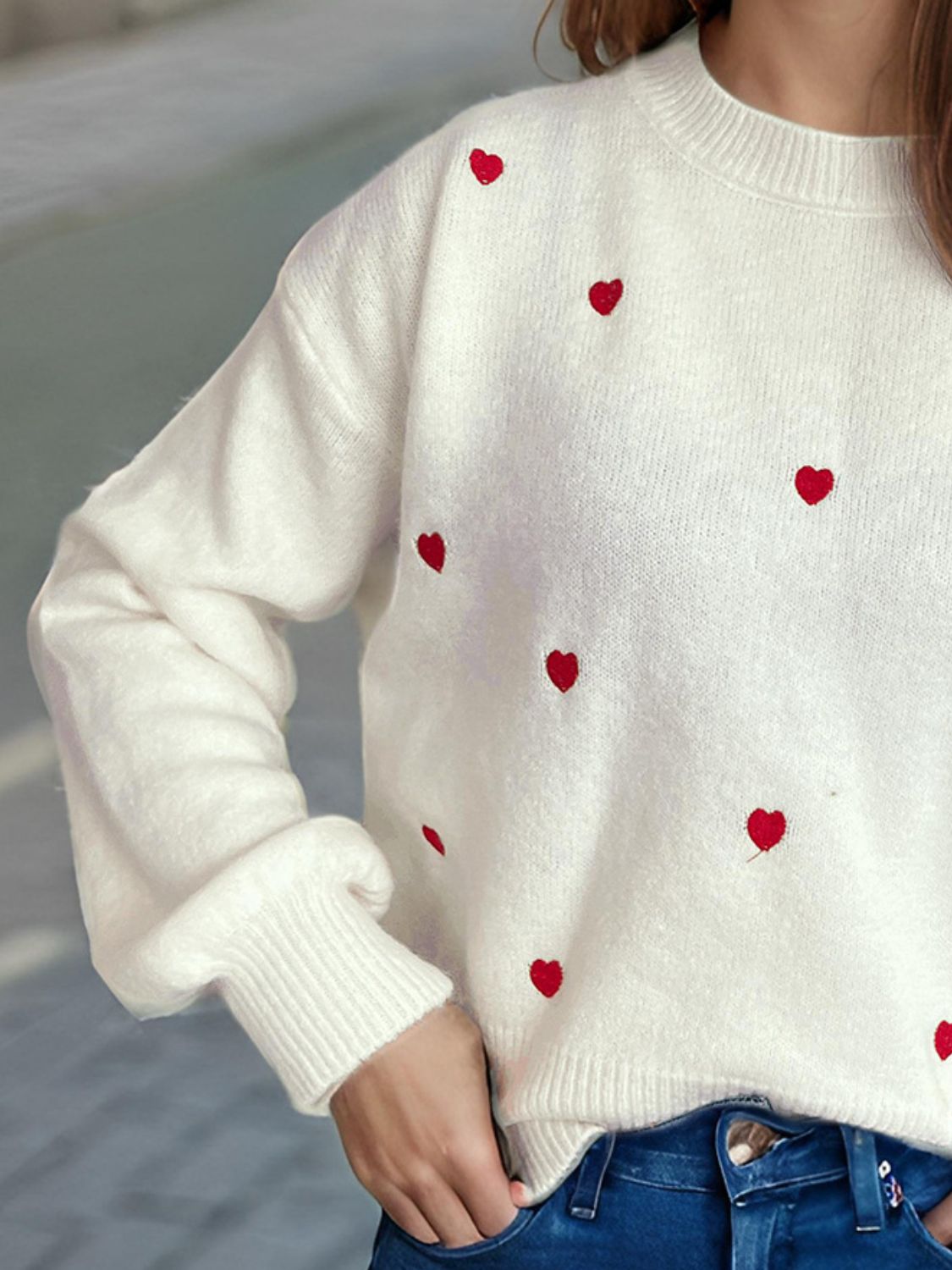 Heart Round Neck Long Sleeve Sweater - Tigbul's Variety Fashion Shop