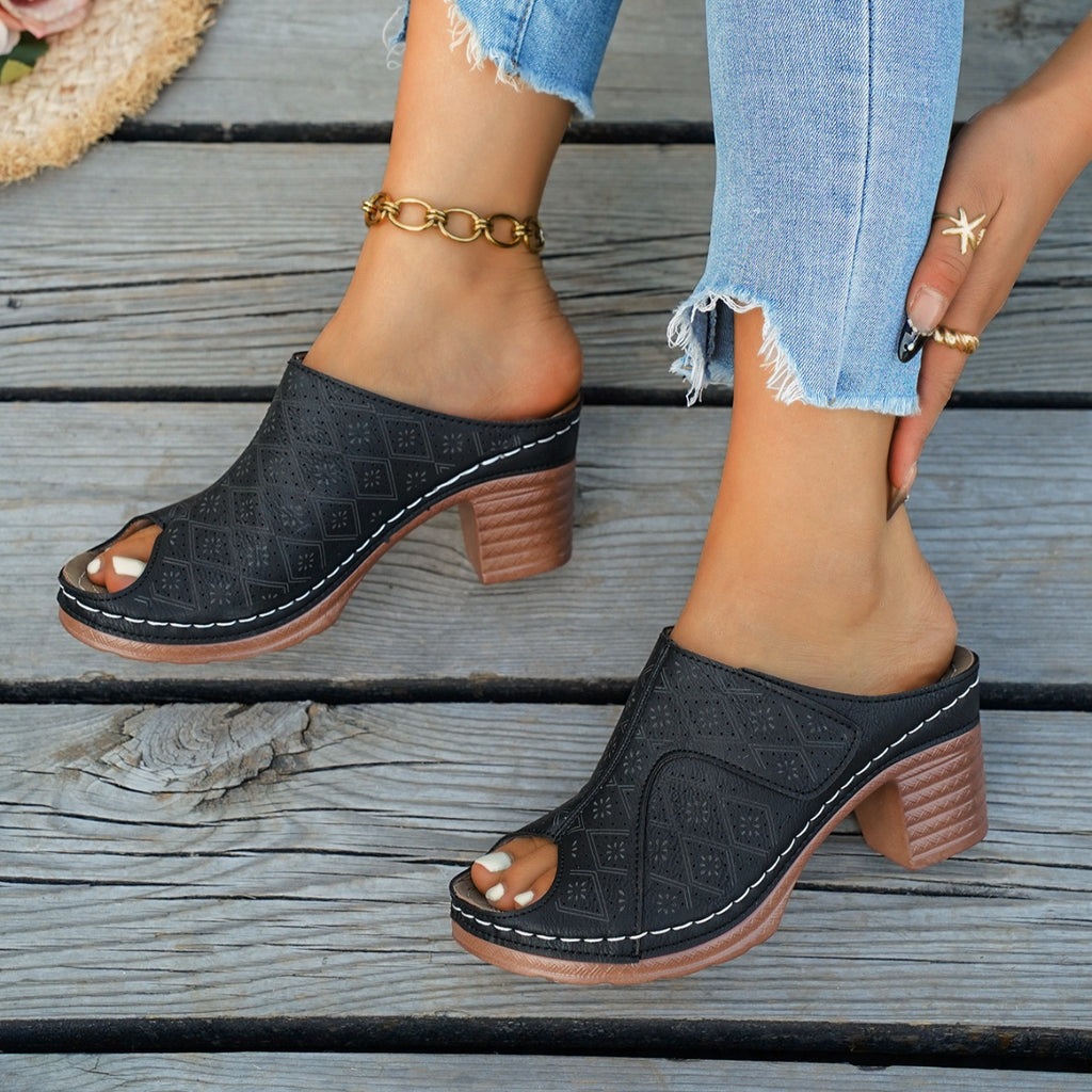 Black peep toe block heel sandals, textured pattern and stacked wooden heel