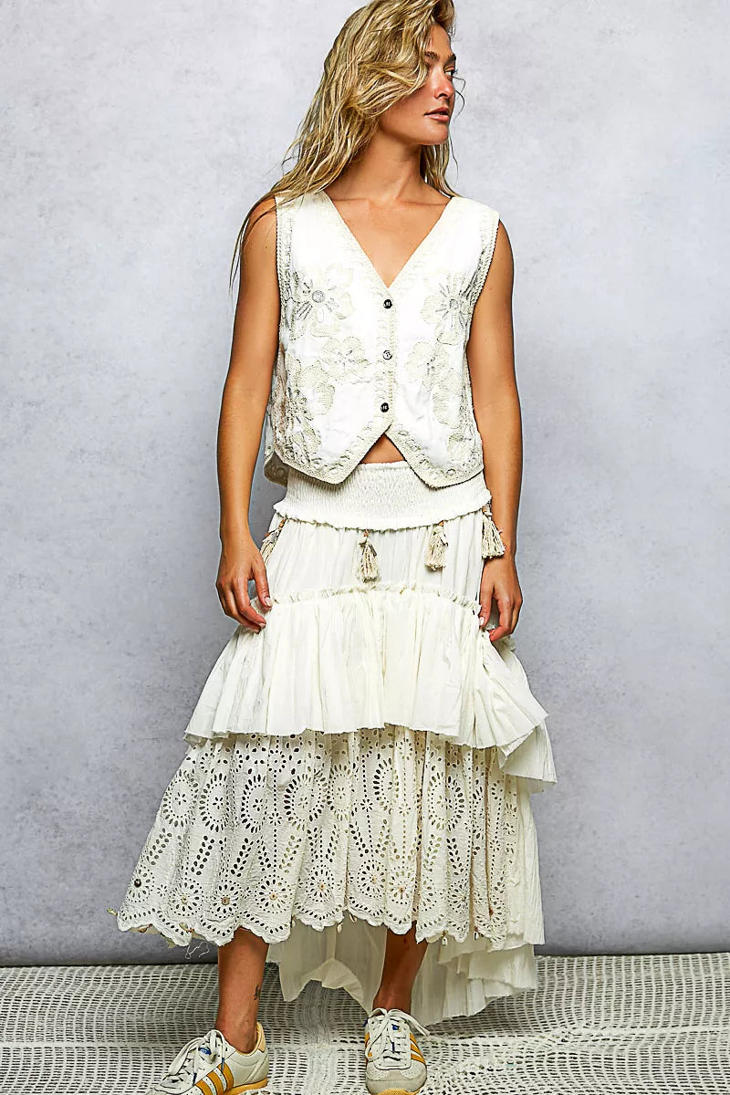 White Embroidered Floral V-Neck Button Down Crochet Vest | Tigbuls