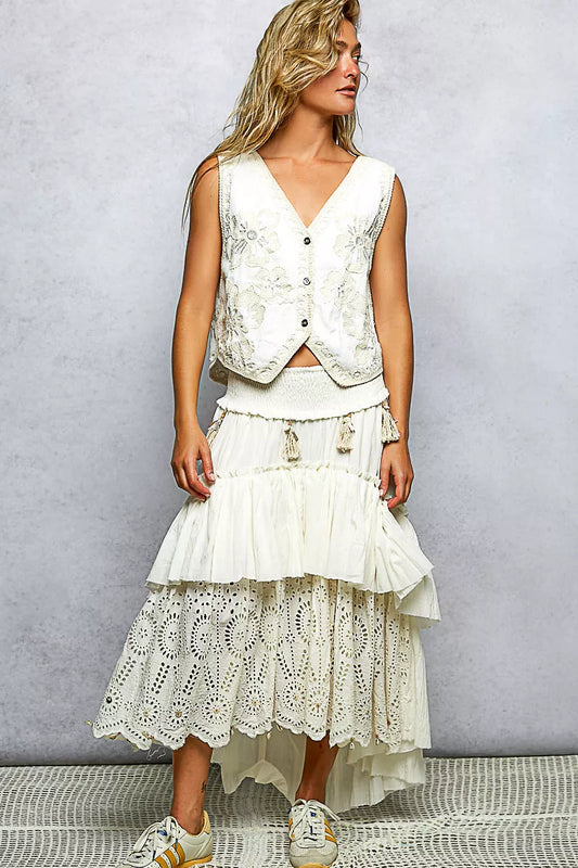 White Embroidered Floral V-Neck Button Down Crochet Vest | Tigbuls