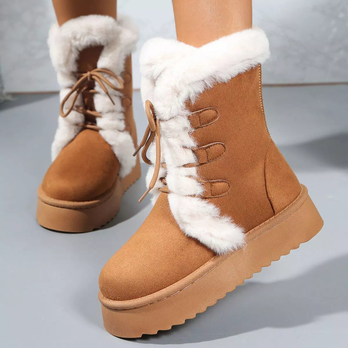 Fuzzy Trim Lace-Up Platform Boots - Tigbul's Variety Fashion Shop