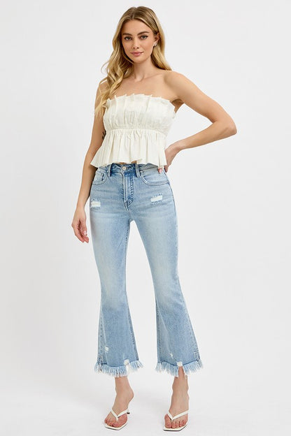 Light Blue Raw Hem Distressed Cropped Flare Jeans Plus Size - Tigbul's Variety Fashion Shop