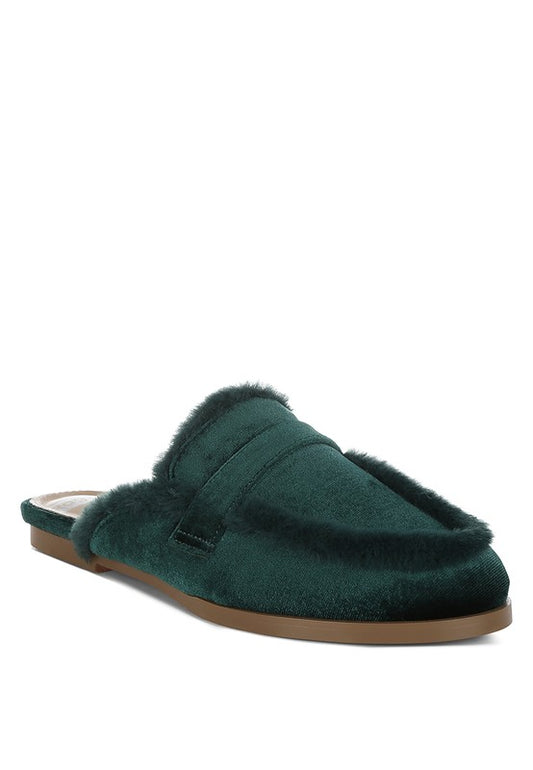 Seyhan Fur Detail Velvet Slip-On Mules - Tigbul's Variety Fashion Shop