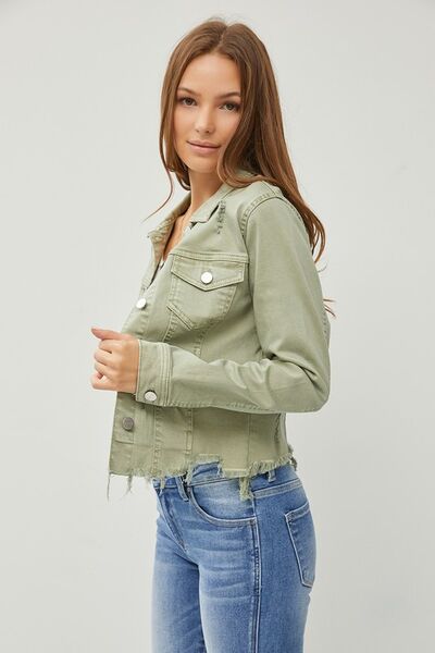 Sage Green Raw Hem Button Up Cropped Denim Jacket Plus Size - Tigbul's Variety Fashion Shop