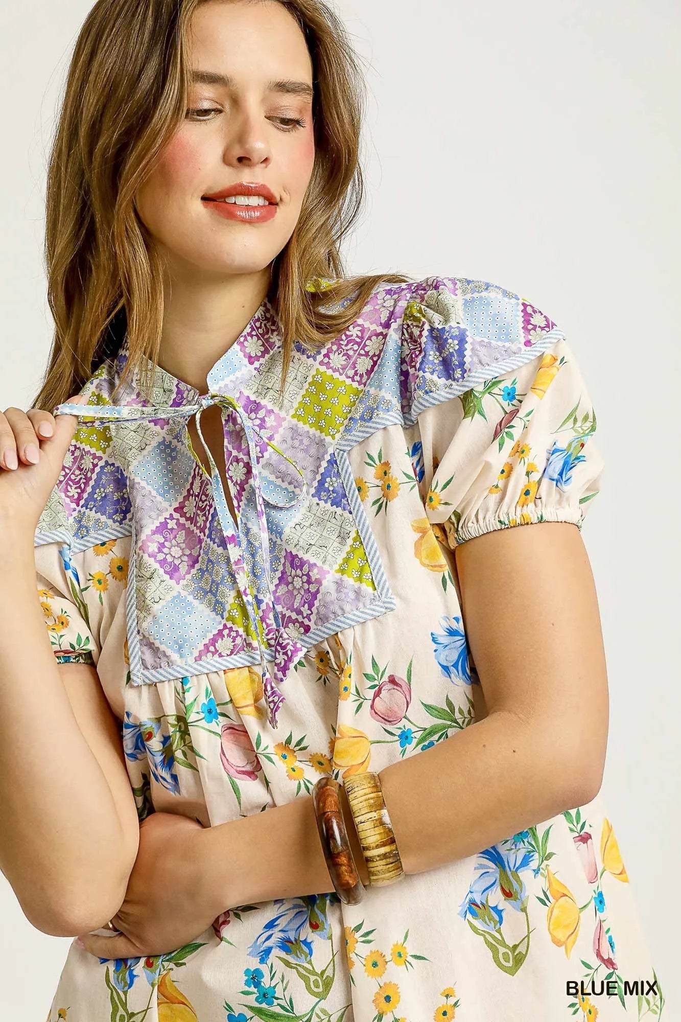 Umgee Floral Print Tie Neck Puff Sleeve Dress - Tigbul's Variety Fashion Shop