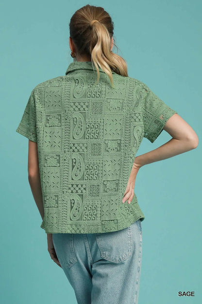Umgee Patch Lace Short Sleeve Button Down Shirt - Tigbul's Variety Fashion Shop
