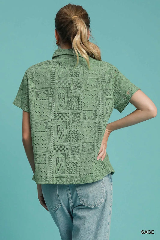 Umgee Patch Lace Short Sleeve Button Down Shirt - Tigbul's Variety Fashion Shop
