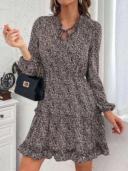 Ruffle Hem Tie Neck Mini Dress - Tigbul's Variety Fashion Shop