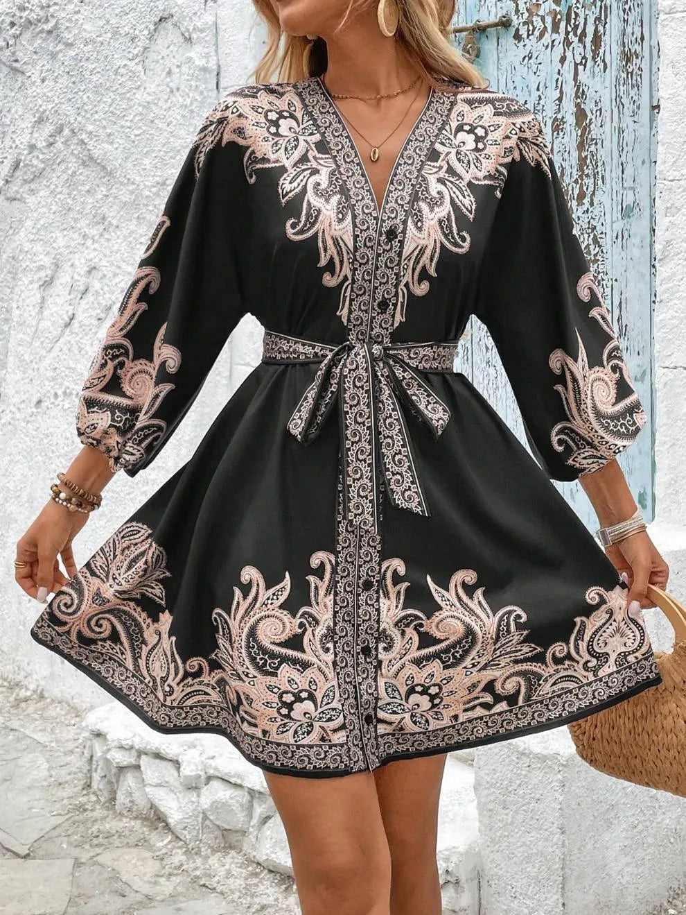 Paisley V-Neck 3/4 Sleeve Mini Dress - Tigbul's Variety Fashion Shop