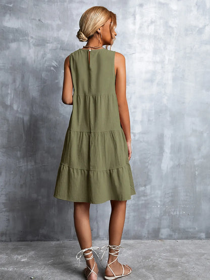 Tiered Round Neck Sleeveless Mini Tank Dress - Tigbul's Variety Fashion Shop