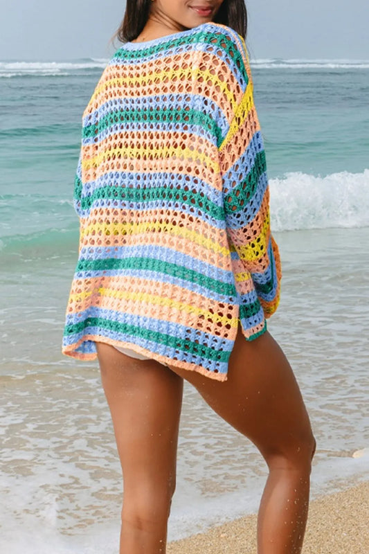 Openwork Round Neck Long Sleeve Knit Cover Up - Tigbul's Variety Fashion Shop