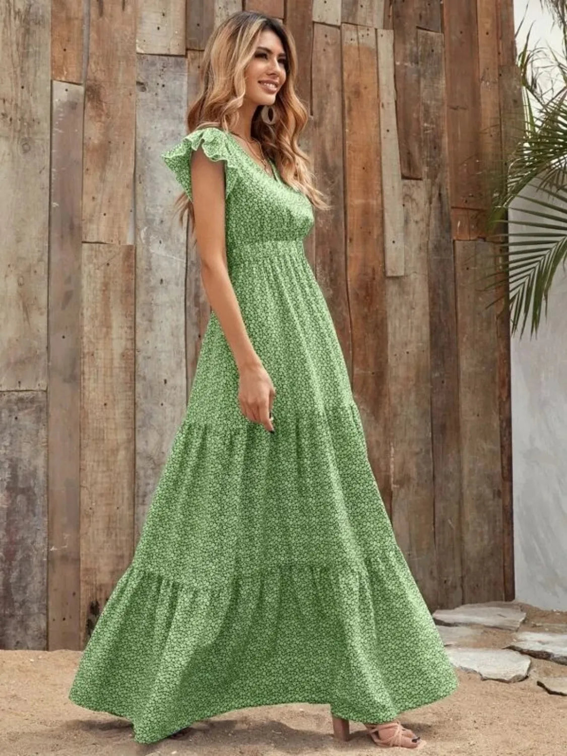 Printed V-Neck Ruffled Cap Sleeve Maxi Dress - Tigbul's Variety Fashion Shop