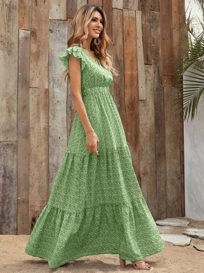 Printed V-Neck Ruffled Cap Sleeve Maxi Dress - Tigbul's Variety Fashion Shop
