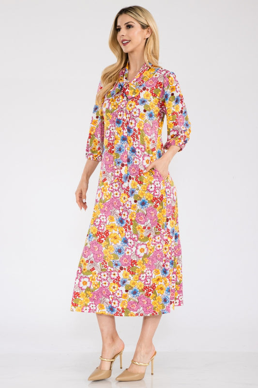 Size Small to 3XL Floral Midi Dress with Bow Tie - Tigbul's Variety Fashion Shop