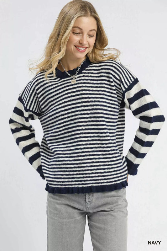 Umgee Ruffle Neck Stripe Sweater - Tigbul's Variety Fashion Shop