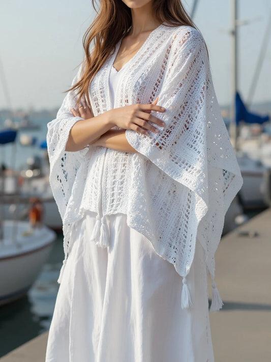 Openwork Tassel Open Front Knit Cover Up - Tigbul's Variety Fashion Shop