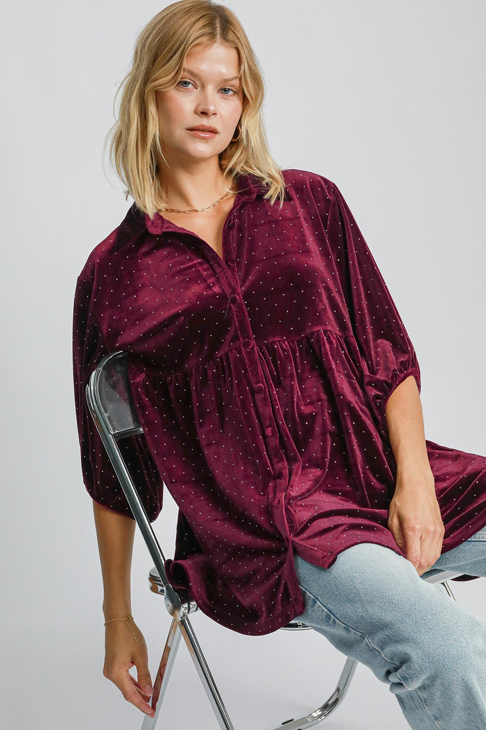 Burgundy Polka Dot Button Up Half Sleeve Shirt - Tigbul's Variety Fashion Shop