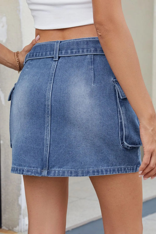 Criss-Cross Waist Detail Denim Mini Skirt - Tigbul's Variety Fashion Shop