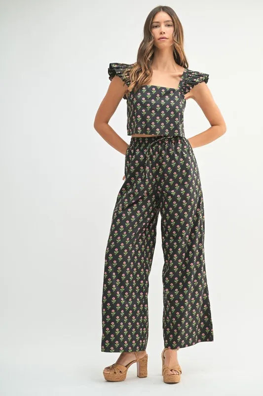 Black Floral Print Ruffle Top and Pants Set - Tigbul's Variety Fashion Shop