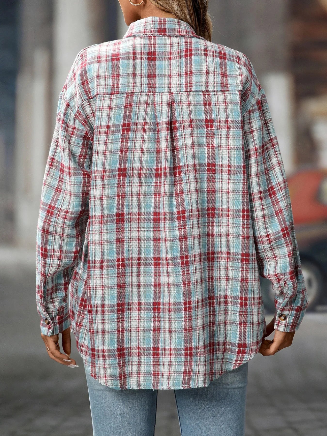 Plaid Button-Down Oversized Shirt - Tigbul's Variety Fashion Shop