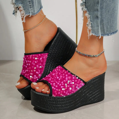 Rhinestone Peep Toe Wedge Sandals - Tigbul's Variety Fashion Shop
