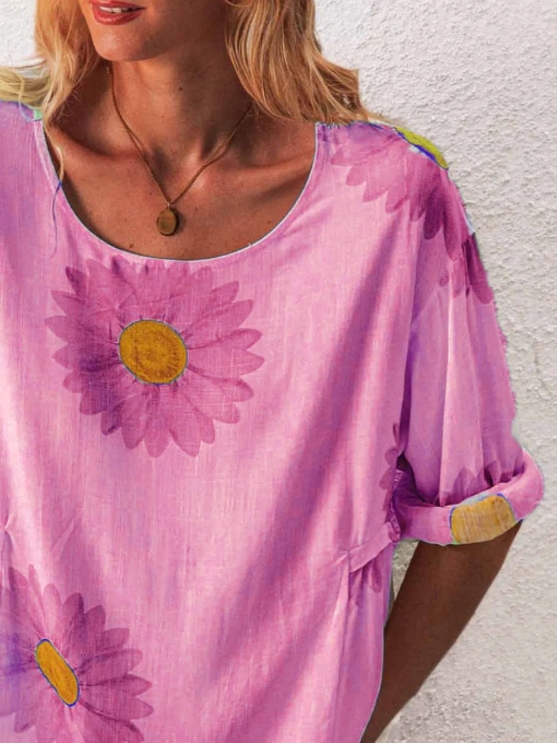 Full Size Flower Round Neck Half Sleeve T-Shirt Plus Size - Tigbul's Variety Fashion Shop