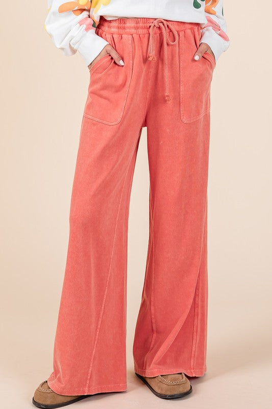 Mineral Wash French Terry Drawstring Wide Leg Pants - Tigbul's Variety Fashion Shop