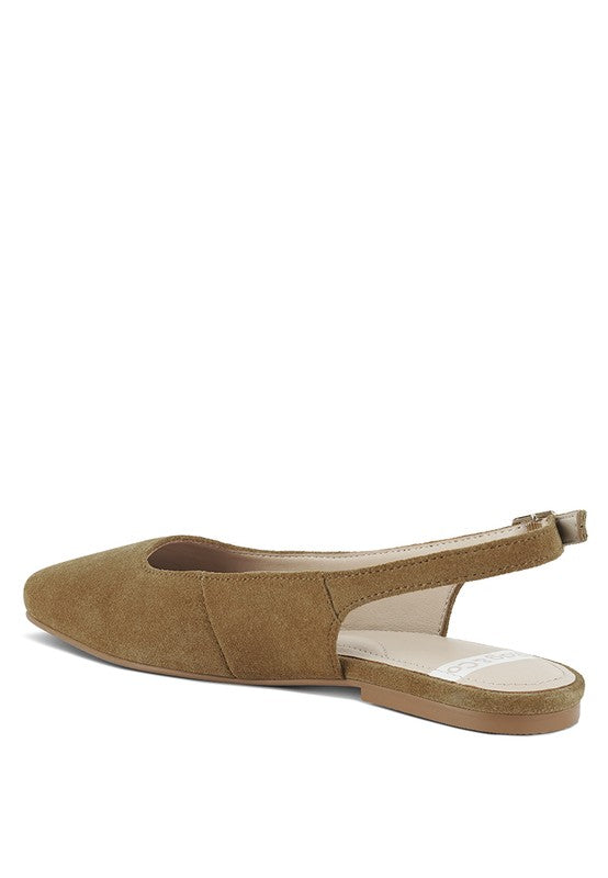 Tan Veloursleder Slingback-Flats, eckige Spitze und flacher Absatz