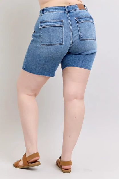 Judy Blue Full Size Mid Rise Bermudas Denim Shorts W/ Back Flap Pockets Plus Size - Tigbul's Variety Fashion Shop