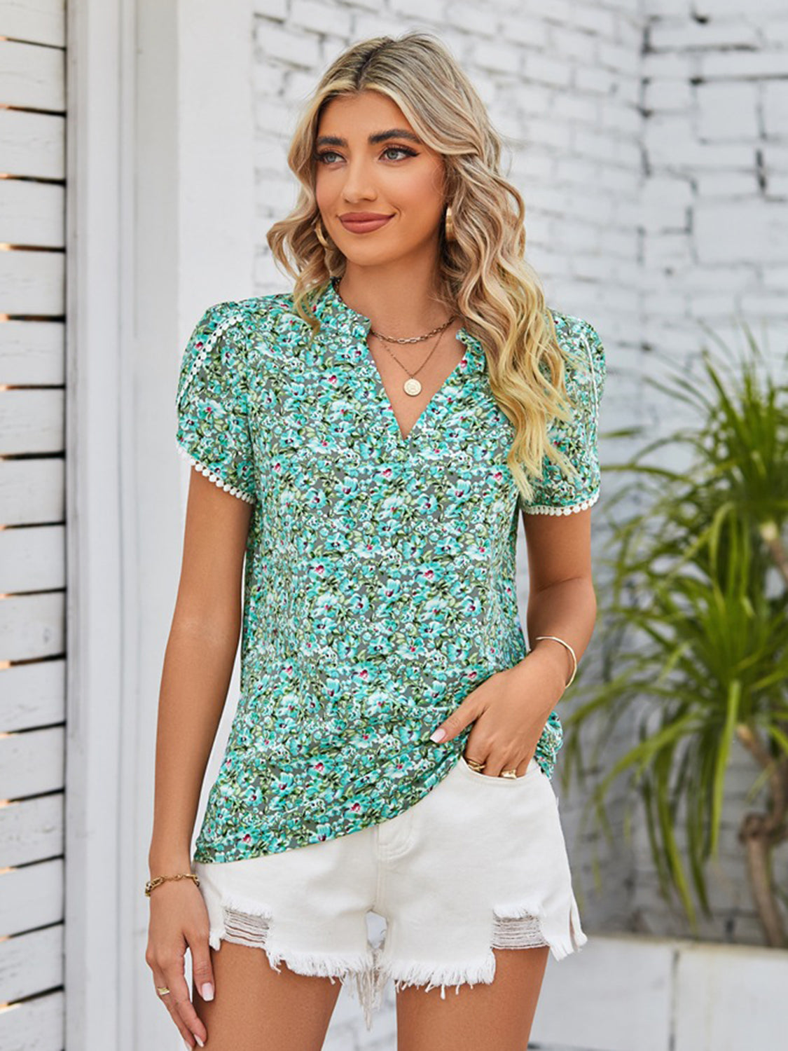 Double Take Floral Notched Neck Blouse - Tigbuls Variety Fashion