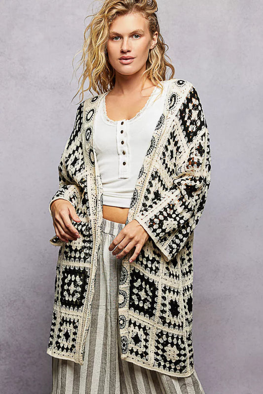 POL Open Front Crochet Cardigan with Granny Square Pattern - Tigbul's Variety Fashion Shop