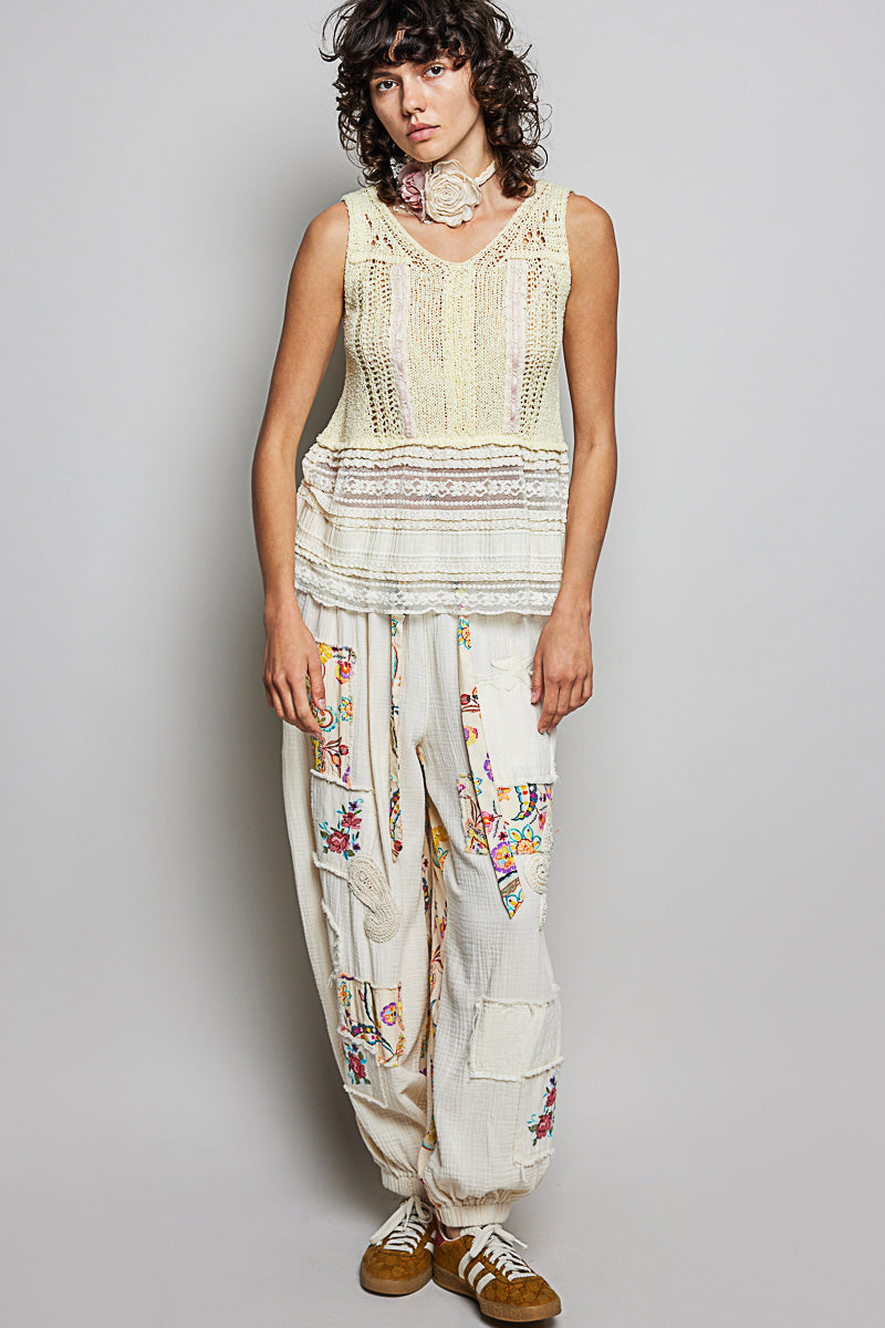 Lemon crochet sweater vest, sleeveless V-neck with lace-trimmed tiered bottom