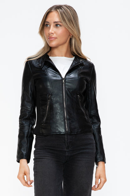 Black Faux Leather Zip Up Drawstring Hooded Jacket